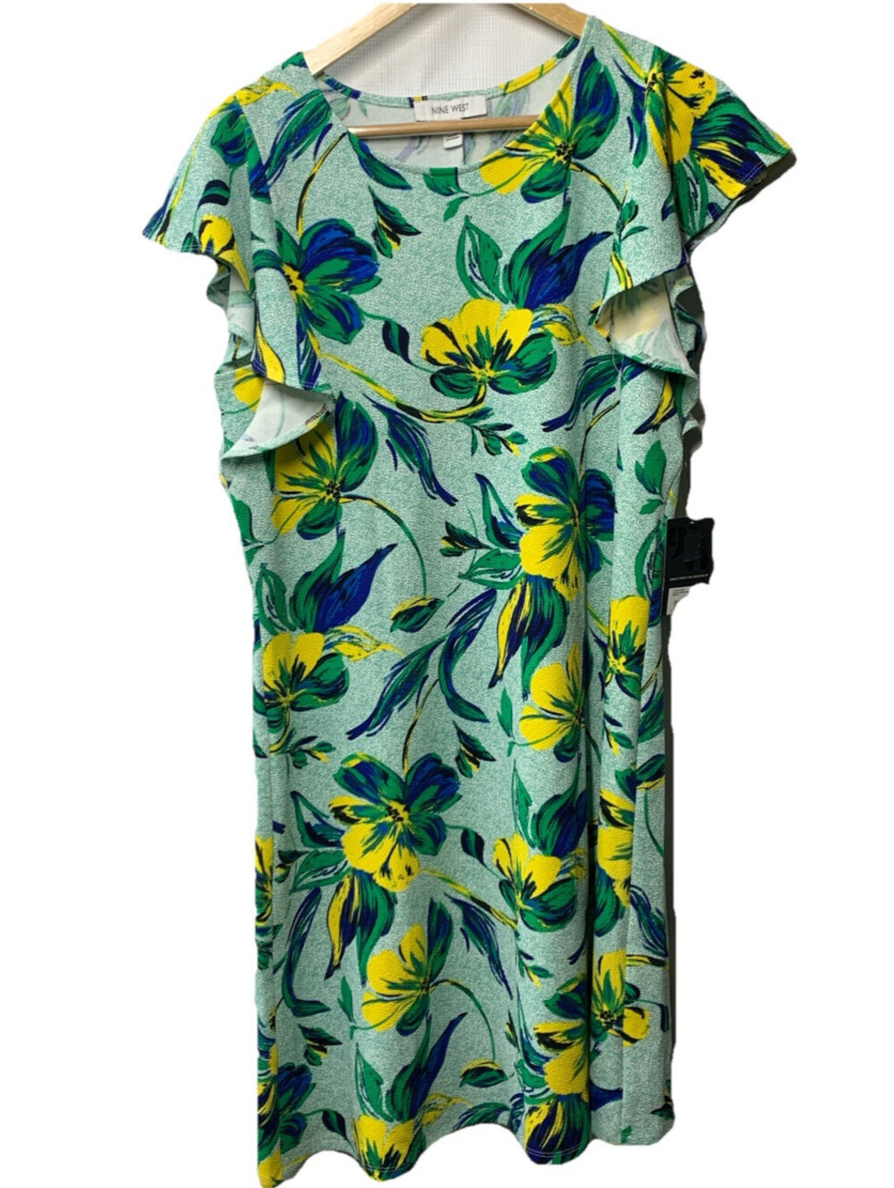Nine West Women's Flutter Sleeve Swing Dress Size 10 Green Floral Round Neck